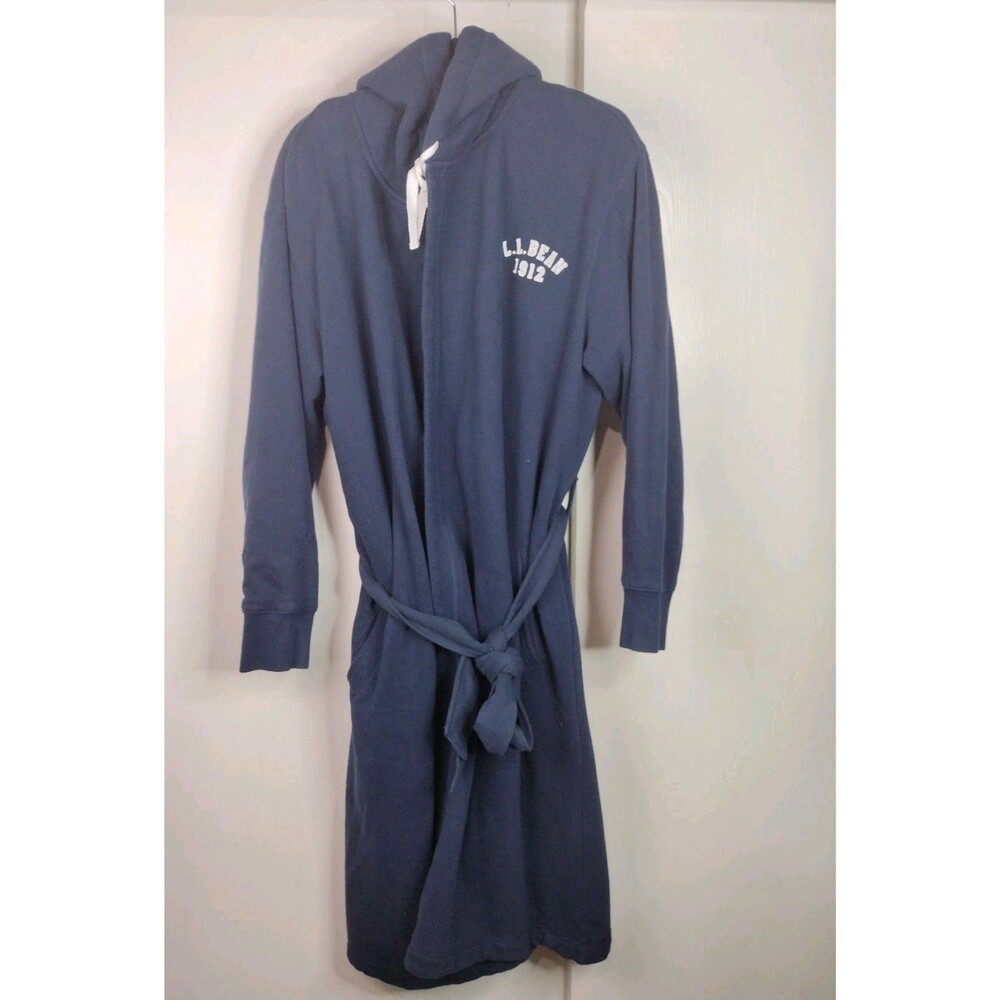 LL Bean Rugby Bath Robe Medium Mens Blue Terry Lined Hooded Belted Fleece Heavy